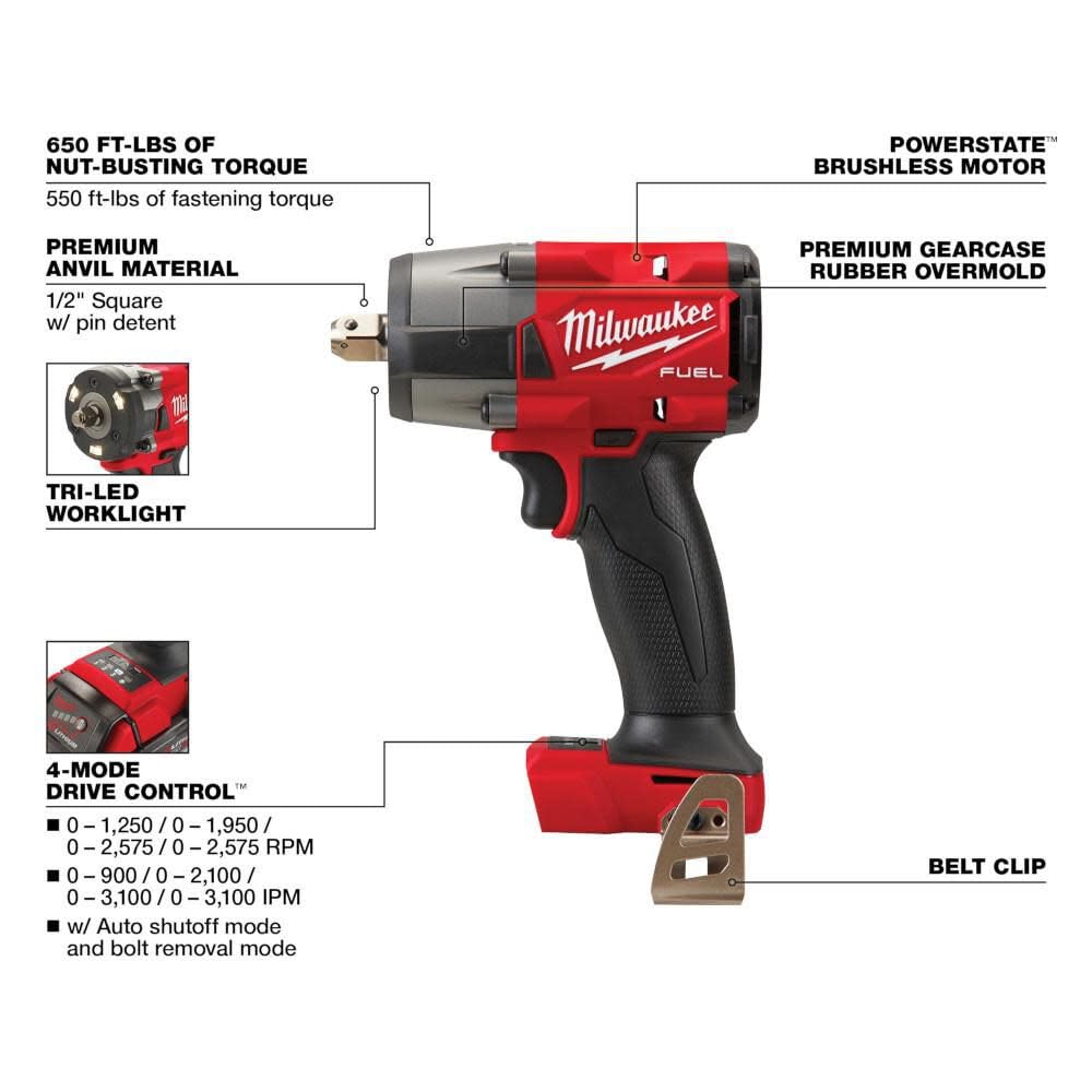 Milwaukee M18 FUEL half-inch mid-torque wrench in action loosening bolts in a confined space