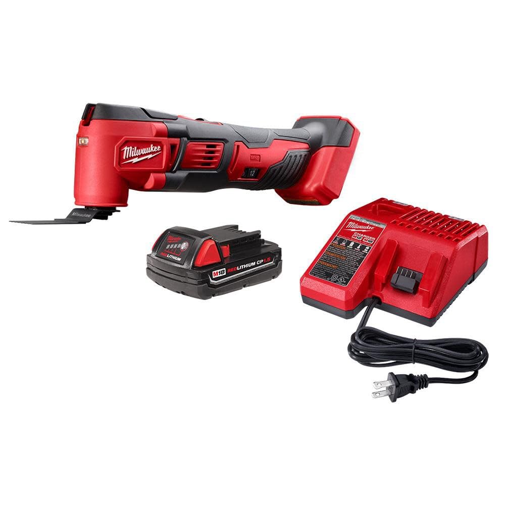 Milwaukee M18 multi-tool with 1.5Ah battery for versatile cutting and sanding on the job site.