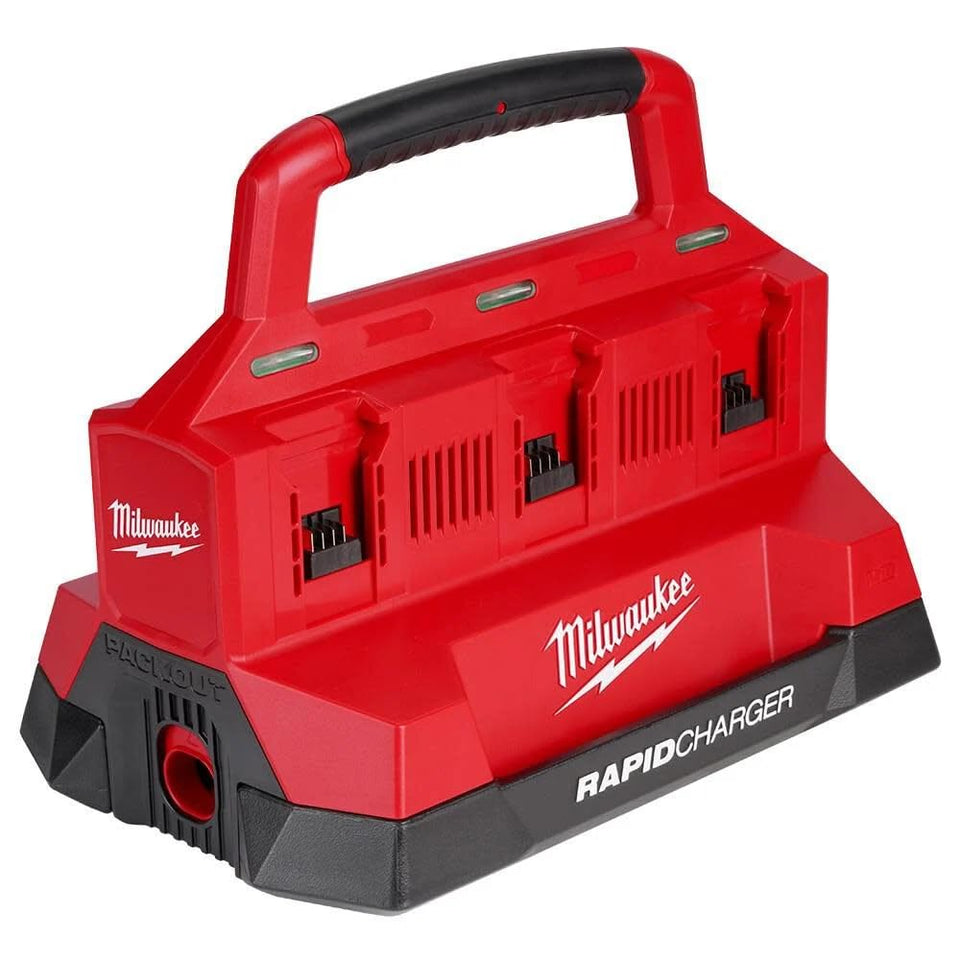Milwaukee M18 PACKOUT Six Bay Rapid Charger front view charging two batteries quickly