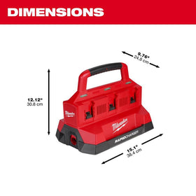 Milwaukee M18 PACKOUT Six Bay Rapid Charger side view showing easy device access while charging