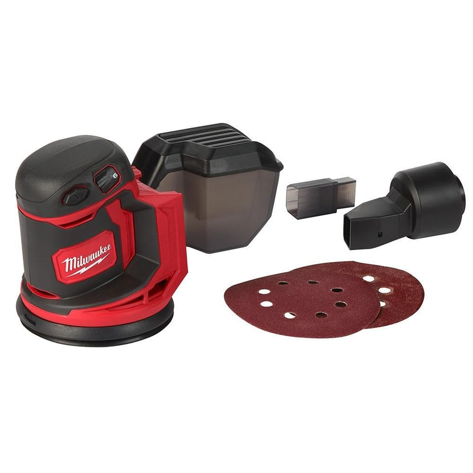 Milwaukee M18 Random Orbit Sander showing variable speed for smooth finish and precise control.