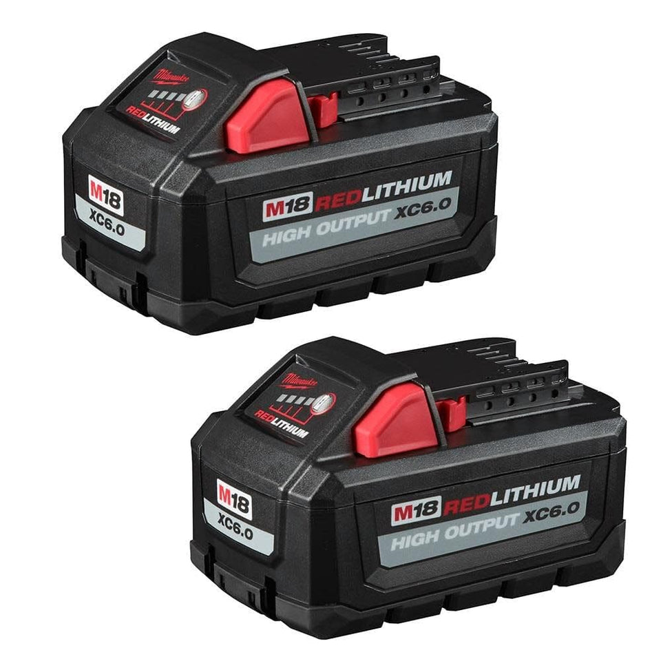Milwaukee M18 REDLITHIUM high-output XC 6.0Ah battery pack for extended tool runtimes.