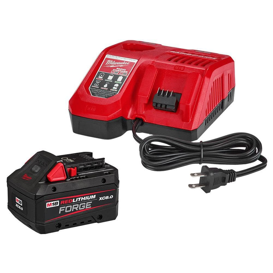Milwaukee M18 REDLITHIUM High Output XC8.0 Starter Kit, front view, rugged housing ideal for oils and solvents.