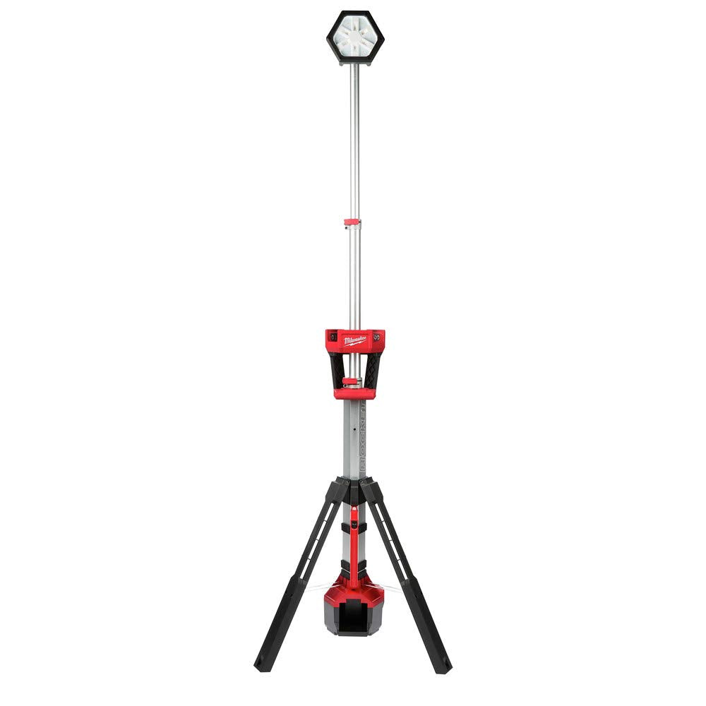 Milwaukee M18 Rocket dual power tower light in full view illuminating the workspace