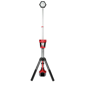 Milwaukee M18 Rocket dual power tower light in full view illuminating the workspace
