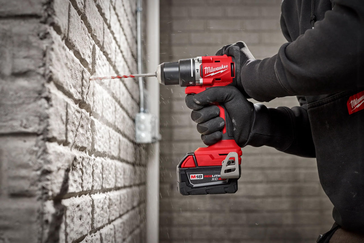 Milwaukee M18 Compact Brushless Hammer Drill-Driver highlighting the brushless motor for efficient power.