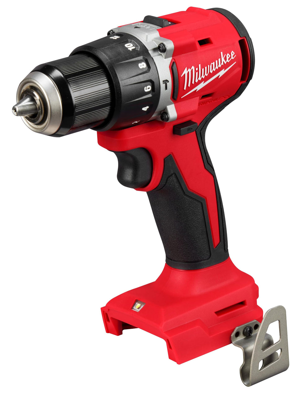 Milwaukee M18 Compact Brushless Hammer Drill for overhead use with balanced grip.