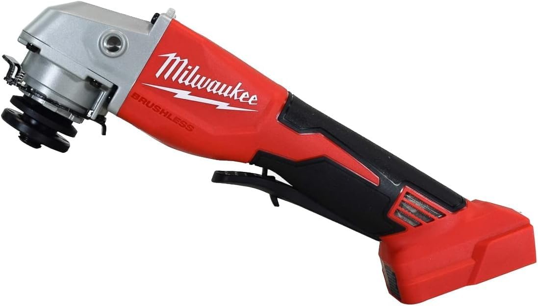Guard adjustment on Milwaukee M18 TRADE grinder for fast blade changes.