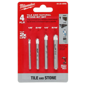 Close-up of Milwaukee natural stone bits drilling tiles with precision