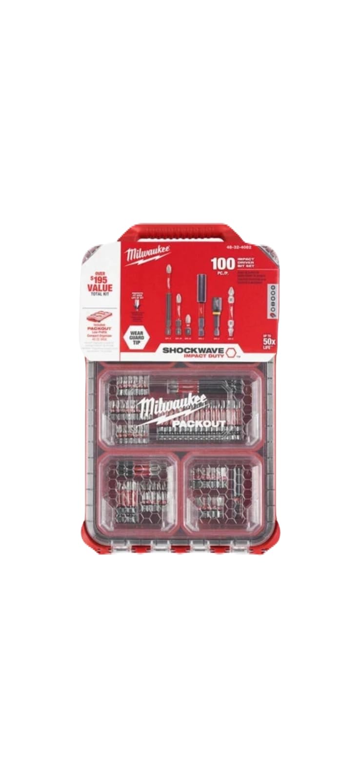 Milwaukee 100-piece bit set in PACKOUT case, organized storage for fast on-site tasks.