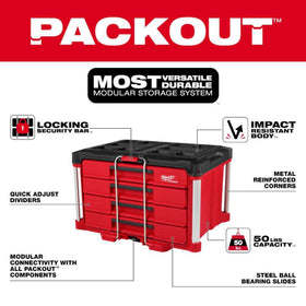 Milwaukee Packout 4-Drawer Organizer drawer open for quick access.