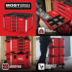 Milwaukee Packout 4-Drawer Organizer lockable security bar protects contents.