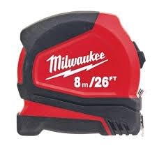 Milwaukee Pro Compact Tape Measure in red showing 26 ft length for on-site measurements