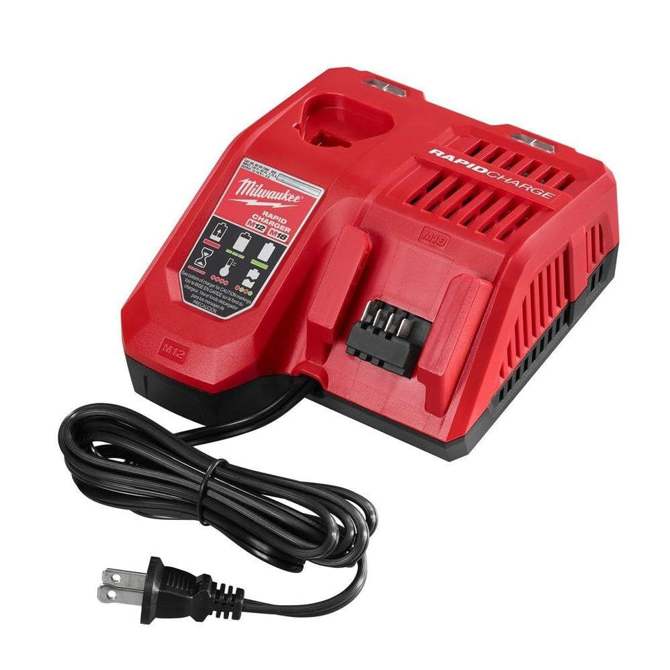 Milwaukee rapid charger front view supports M12 and M18 batteries for faster downtime.