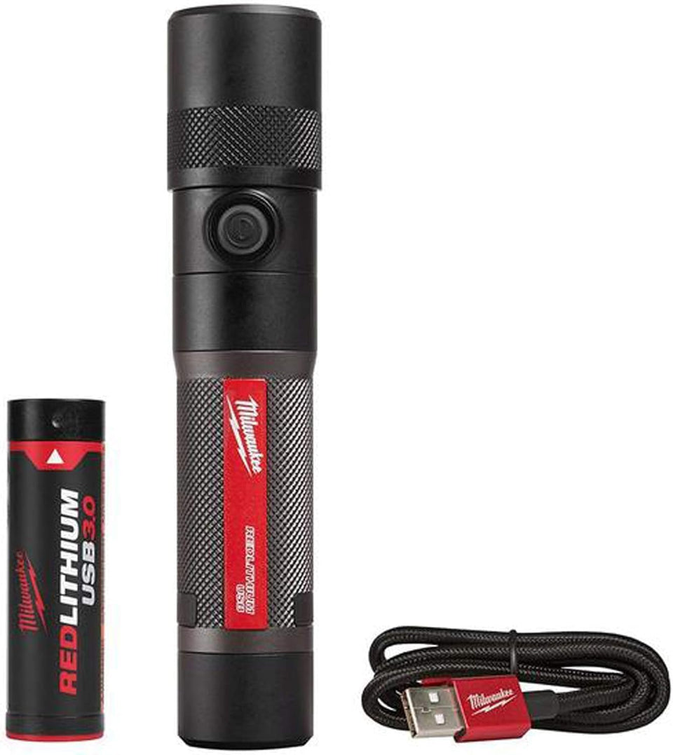 Milwaukee rechargeable 1100-lumen flashlight front view showing compact, portable design for quick handheld use