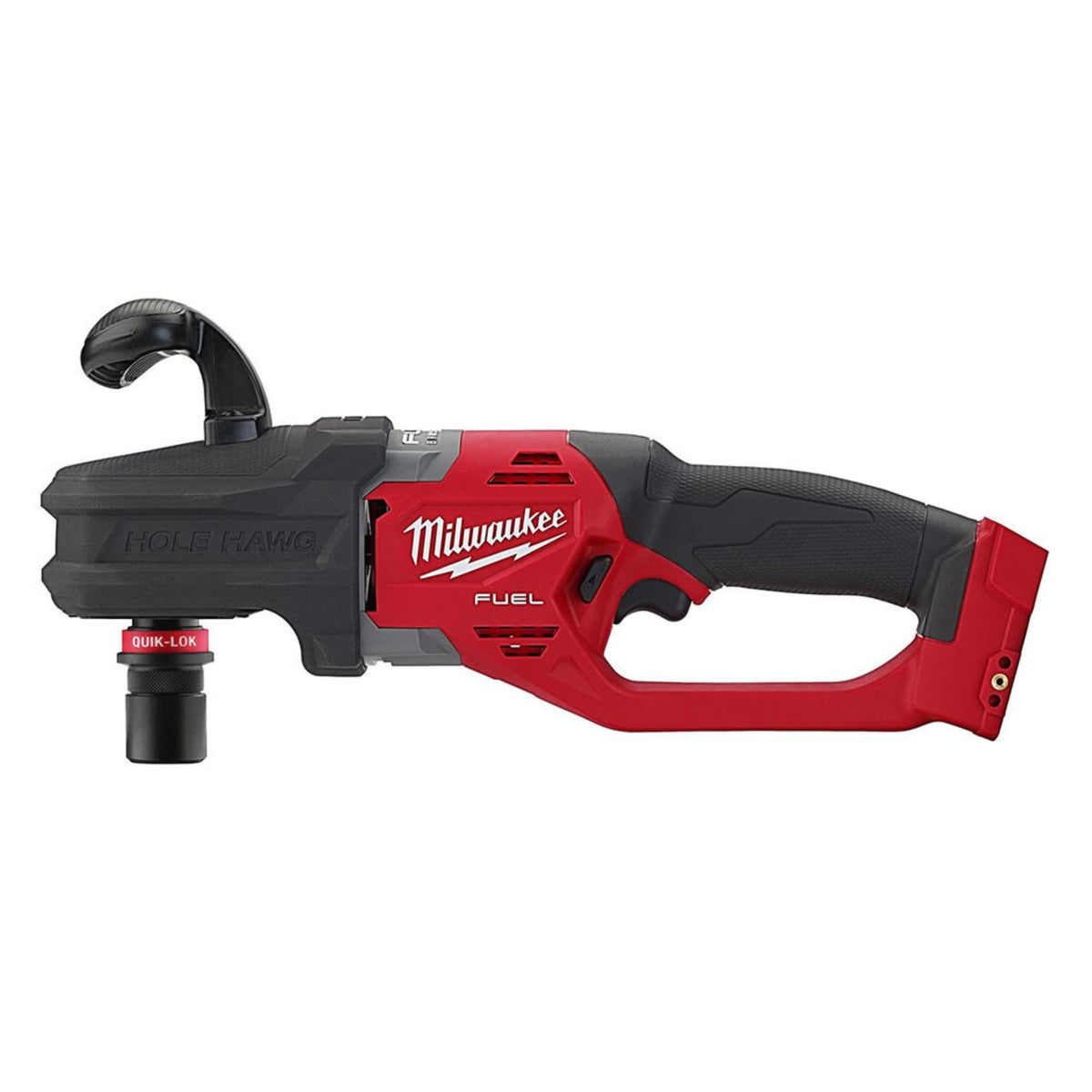 Milwaukee right-angle drill with QUIK-LOK enabling quick-bit changes in tight spaces.