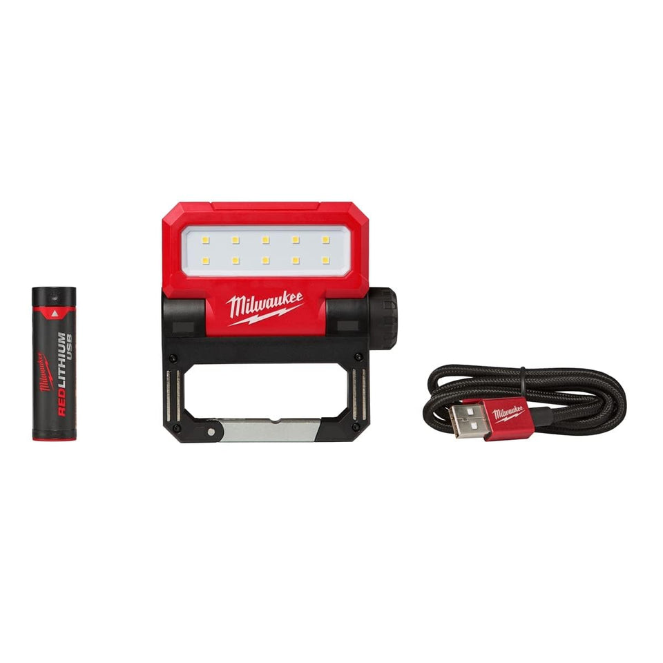 Milwaukee Rover pivoting flood light provides versatile hands-free task lighting for any work surface.