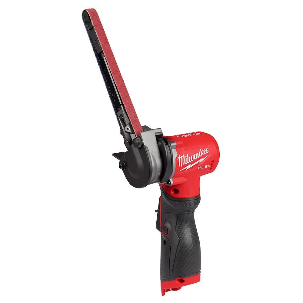 Milwaukee 12V Fuel sander belt in action for weld removal with precise speed control
