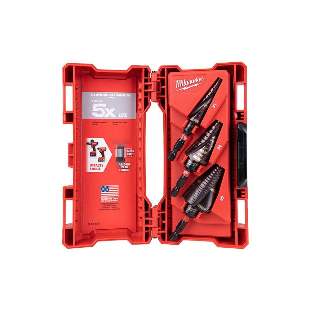 Milwaukee SHOCKWAVE step bit range 1/8–1/2 in for metal and wood drilling