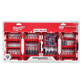 Milwaukee Shockwave 100-piece bit set in case provides versatile impact-driver compatibility.