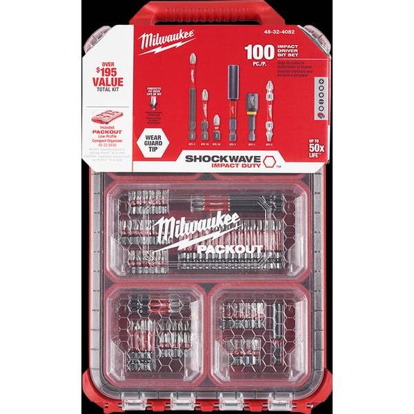 Milwaukee Shockwave 100-piece impact driver bit set with Packout case for quick, organized tasks.