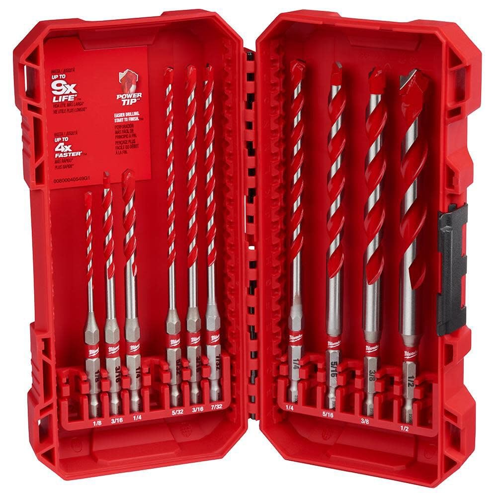 Milwaukee Shockwave 10pc carbide hammer drill bits with quarter-inch hex shank for fast concrete drilling.