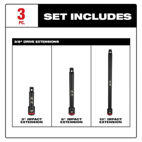 Milwaukee Shockwave IMP Duty 3/8-Dr extensions in rugged kit for quick reach.