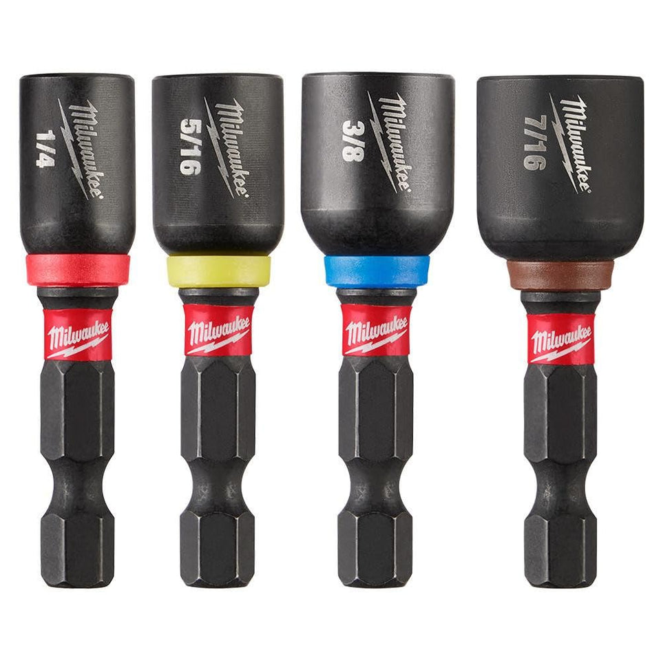 Milwaukee Shockwave nut driver set with magnetic tips and color-coded bands for easy size identification