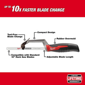 Milwaukee tool-less blade change enables fast blade swaps.