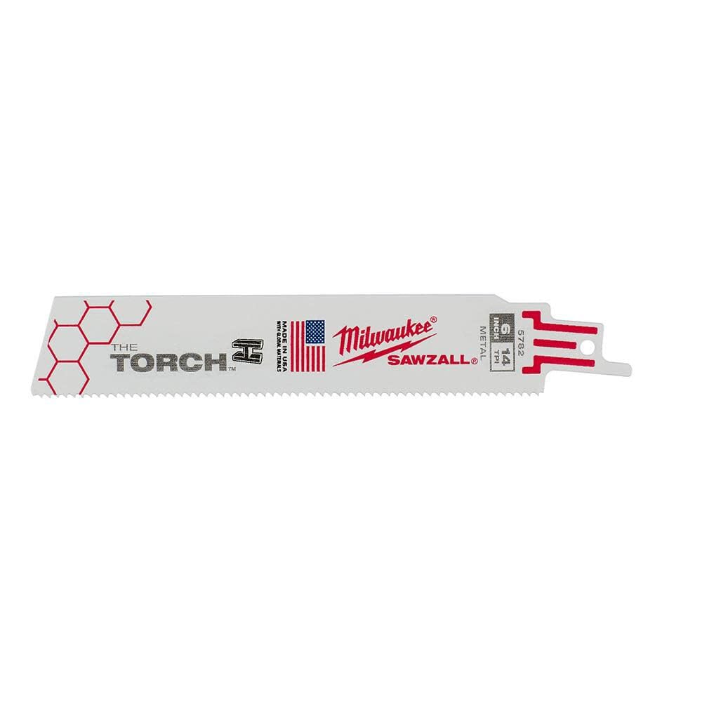 Milwaukee Torch blade 6in 14tpi packaging shows a durable five-pack for versatile cutting tasks.