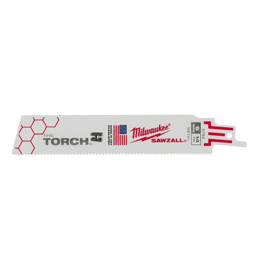 Milwaukee Torch blade 6in 14tpi packaging shows a durable five-pack for versatile cutting tasks.