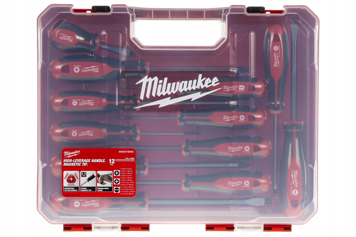 Milwaukee red-handled screwdrivers increase visibility in busy toolboxes.