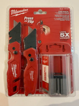 Milwaukee knife with wireframe belt hook enables quick tool access.