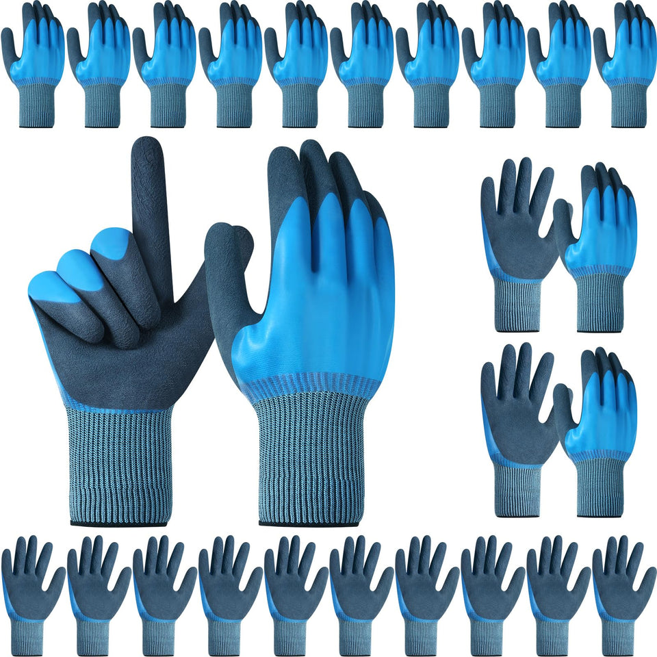Mimorou 12-pack waterproof blue gloves keep hands dry during gardening and cleaning