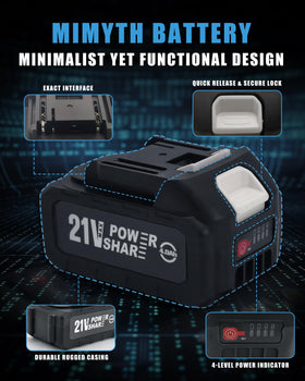 MIMYTH 21V battery compatible across Mimyth tools for versatile power.