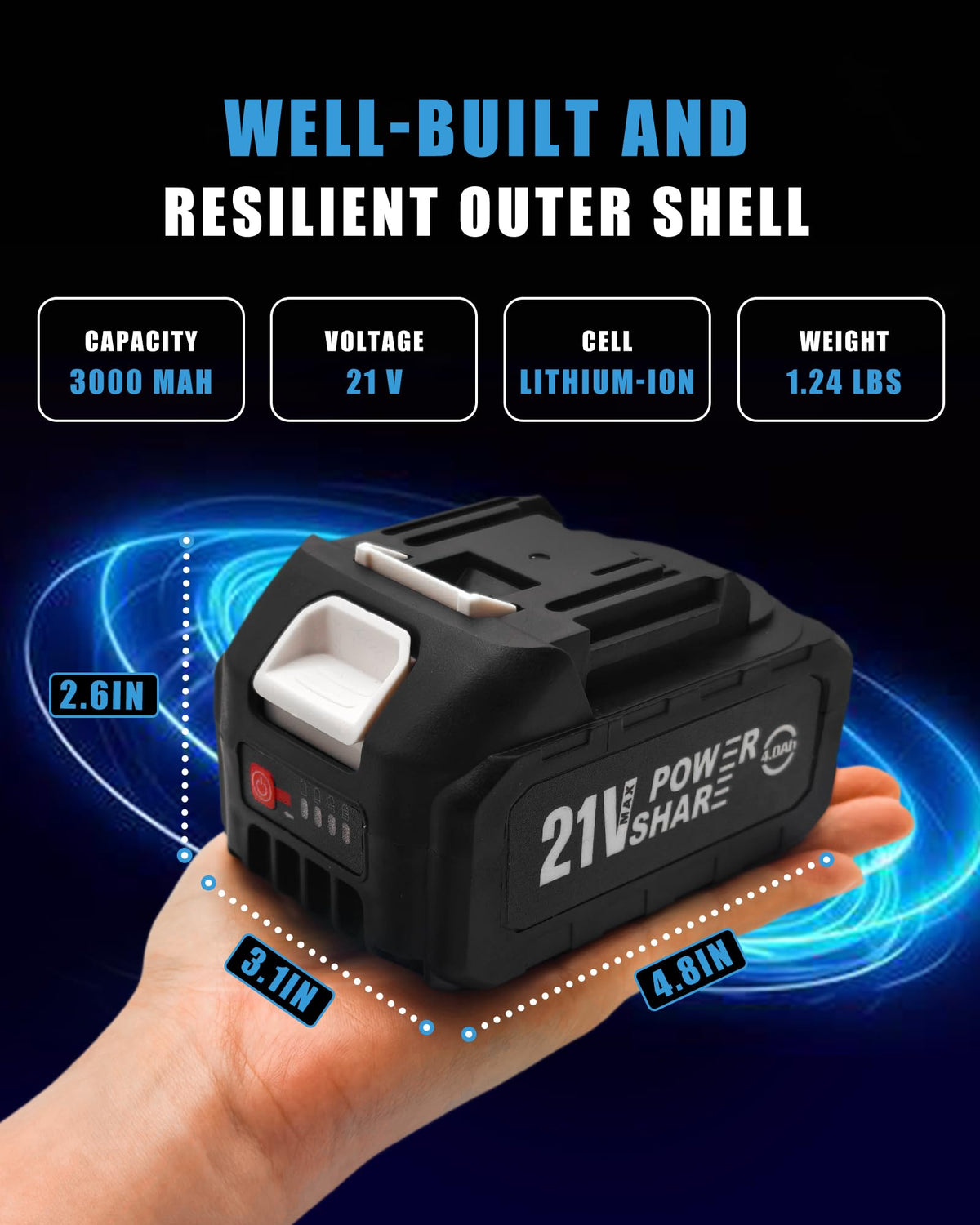 MIMYTH 21V battery with LED indicator shows charge at a glance.