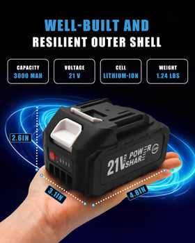 MIMYTH 21V battery with LED indicator shows charge at a glance.