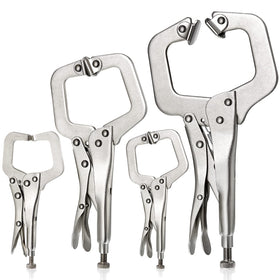 Minatee 6-inch fixed-pad locking C-clamp securing a workpiece for welding projects