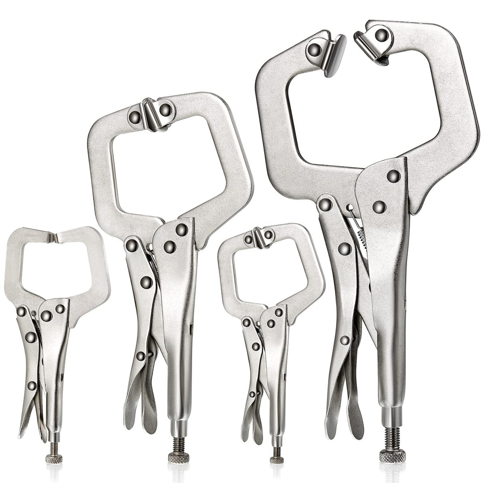 Minatee 6-inch fixed-pad locking C-clamp securing a workpiece for welding projects