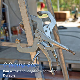 Close-up of Minatee locking C-clamp serrated jaws showing strong clamping force