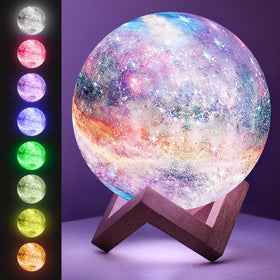 Mind-Glowing Galaxy Moon Lamp with multicolor glow and touch control for kids' room ambiance.