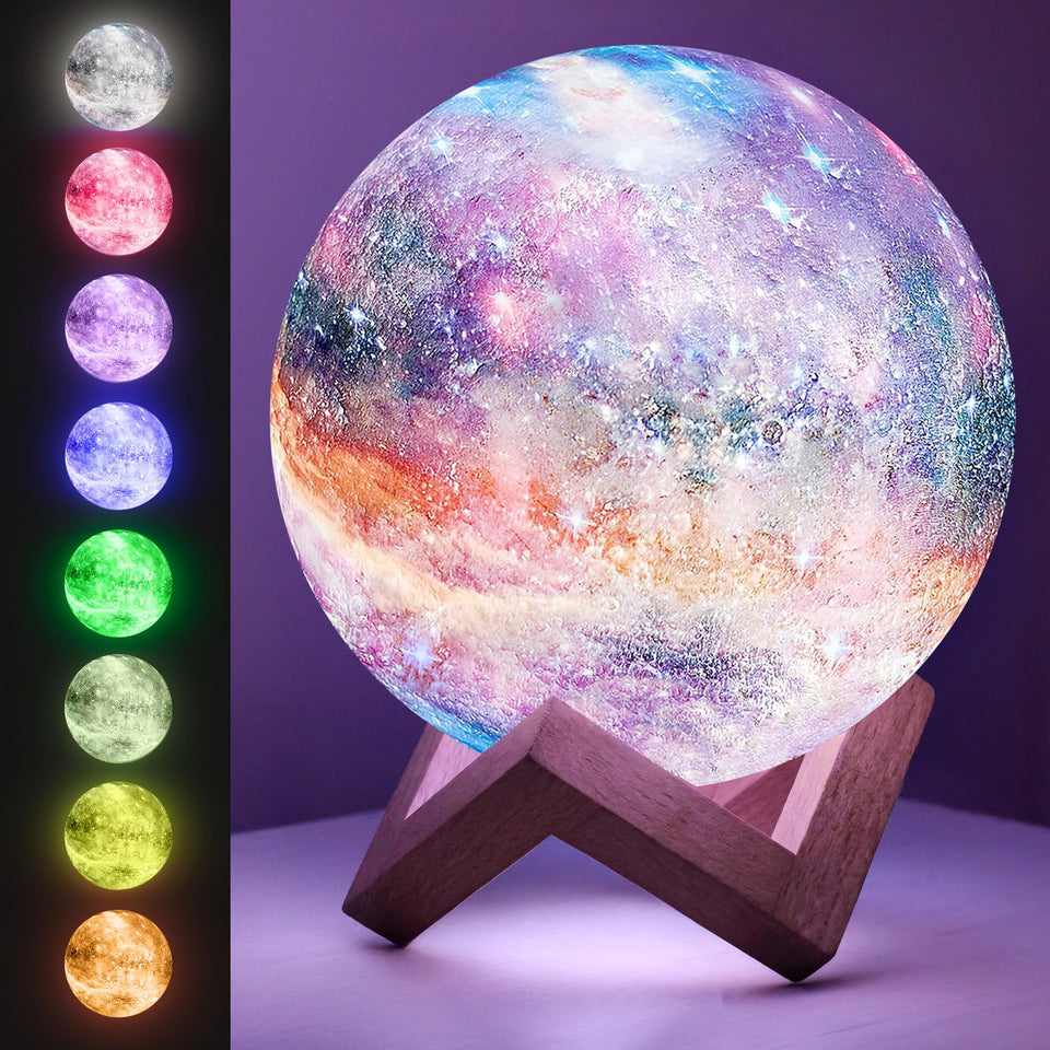 Mind-Glowing Galaxy Moon Lamp with multicolor glow and touch control for kids' room ambiance.
