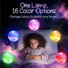 Mind-Glowing Galaxy Moon Lamp includes remote and touch control for easy mood changes.