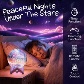 Mind-Glowing Galaxy Moon Lamp on wood stand provides stable, stylish night lighting.