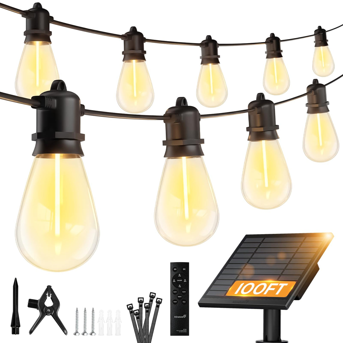 Minetom 100ft solar string lights outdoors setup adds warm ambience for patios