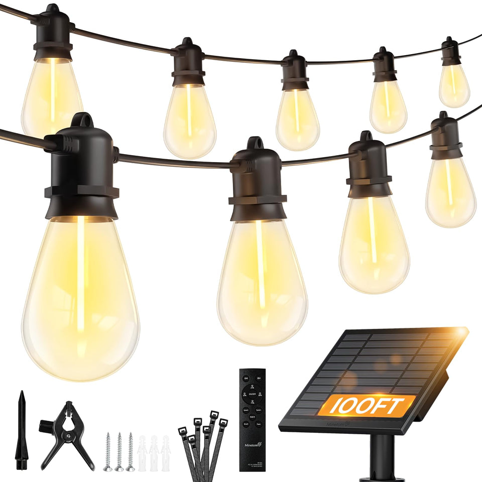 Minetom 100ft solar string lights outdoors setup adds warm ambience for patios