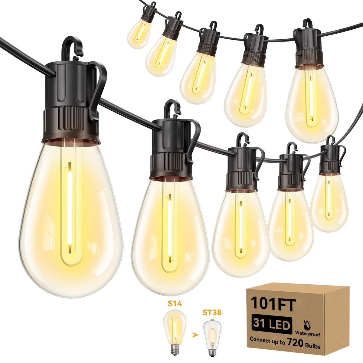 Minetom 101ft outdoor string lights illuminate patios with weatherproof, energy-saving brilliance.