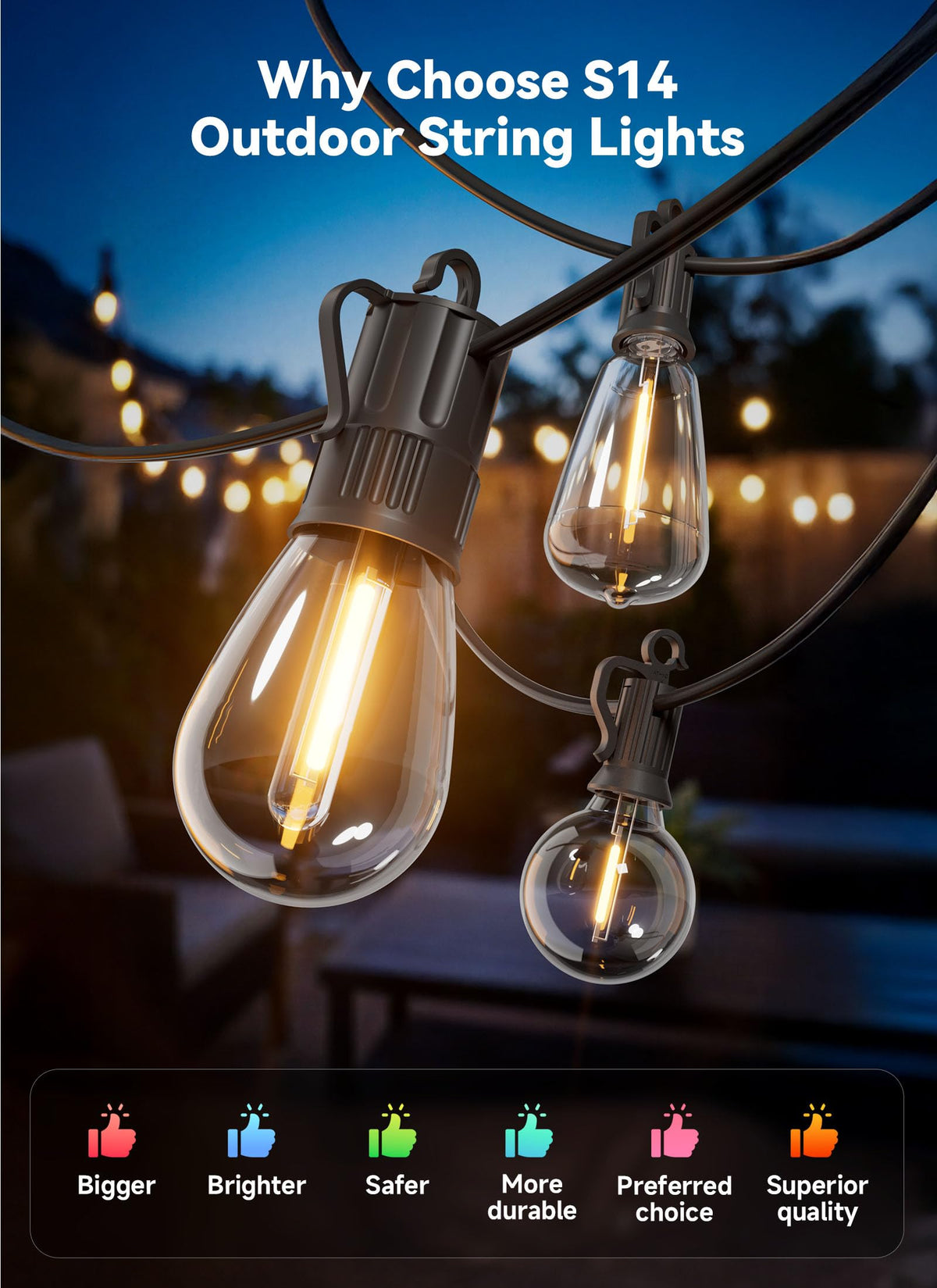 Minetom 31 S14 LED bulbs provide long-lasting, shatterproof illumination for outdoor spaces.
