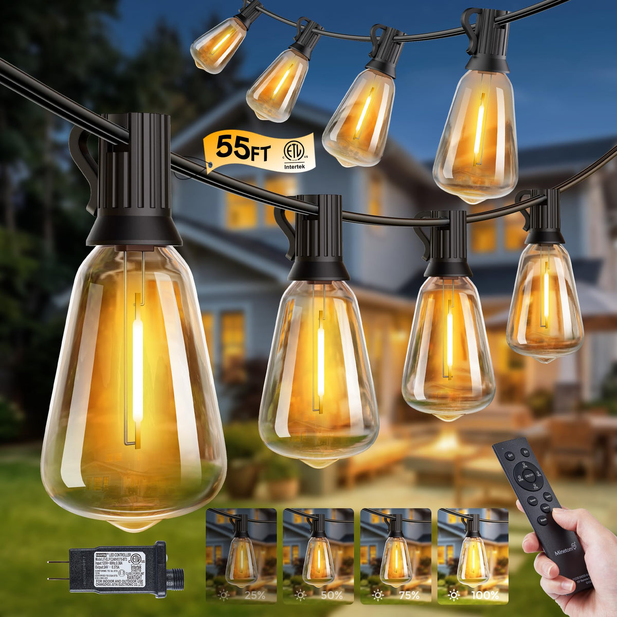 Minetom 55ft outdoor string lights with remote control for easy mood setting on patios