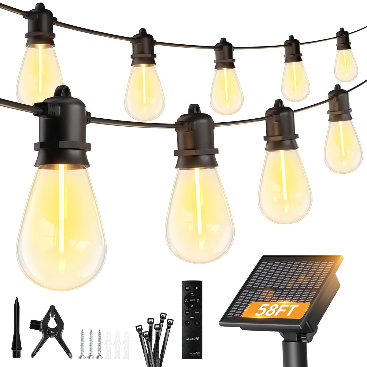 Minetom 58ft solar string lights brighten patios with a warm, even glow.